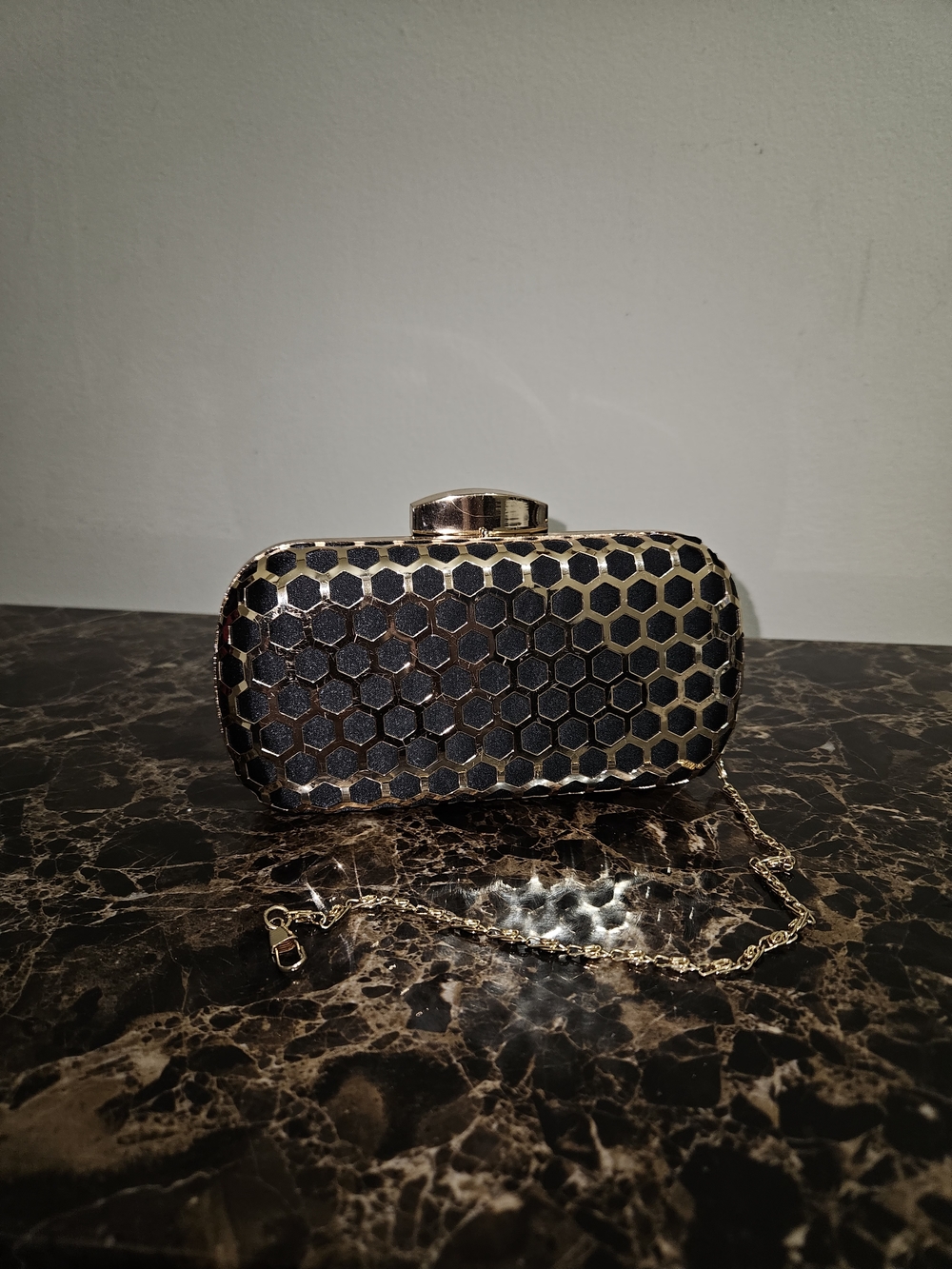 Black Silk with Gold Honeycomb metal Clutch